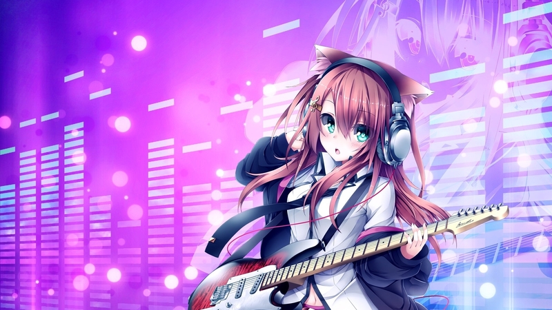 catgirl, original, ears, headphones, hair, guitar, girl, anime, pink hair, pink