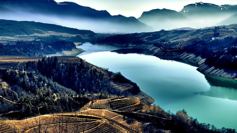 vineyards, mountains, river, hdr, fog