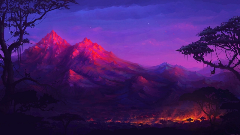 mountains, painting, sunset, sky, landscape