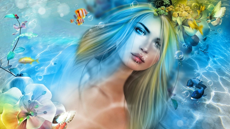 pretty, lovely, mermaid, beautiful, woman, sea, hair, fantasy, water, girl, rays, lady, shells