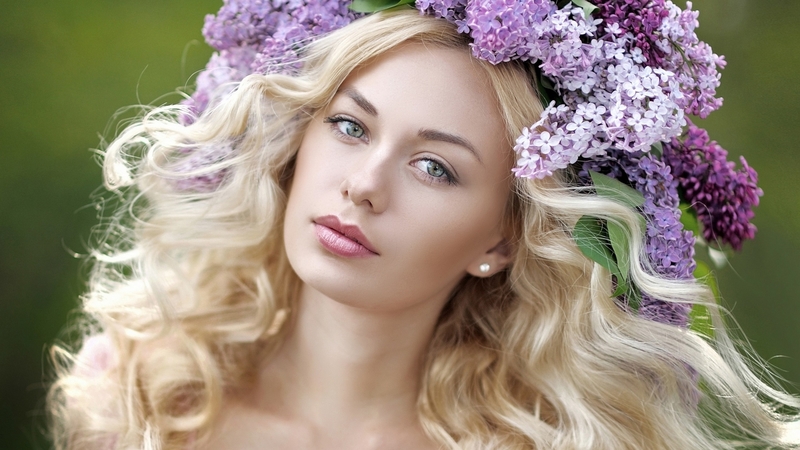 lilac, wreath, model, girl, flower, face, woman, pink, blonde