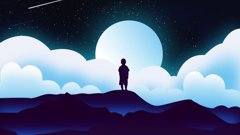 child, silhouette, space, clouds, moon, vector, 4k