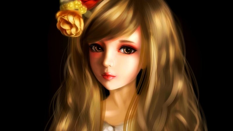 red, art, rose, black, yellow, blonde, doll, fantasy, girl, flower, beauty
