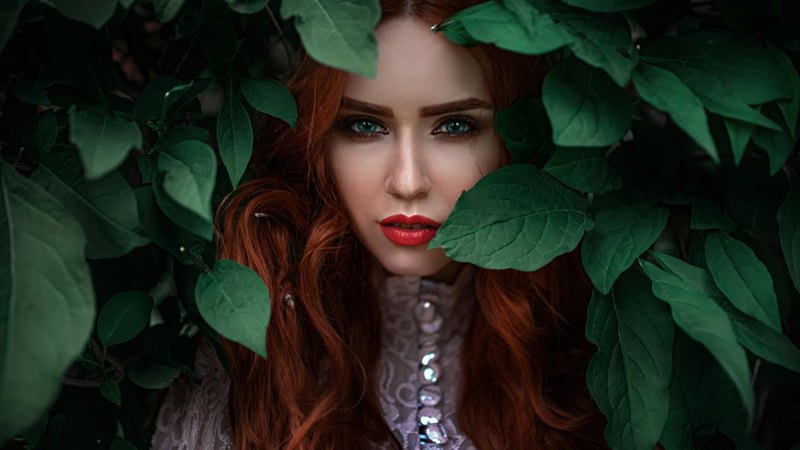 red, nadia, model, redhead, woman, leaf, girl, green, hope niyazova