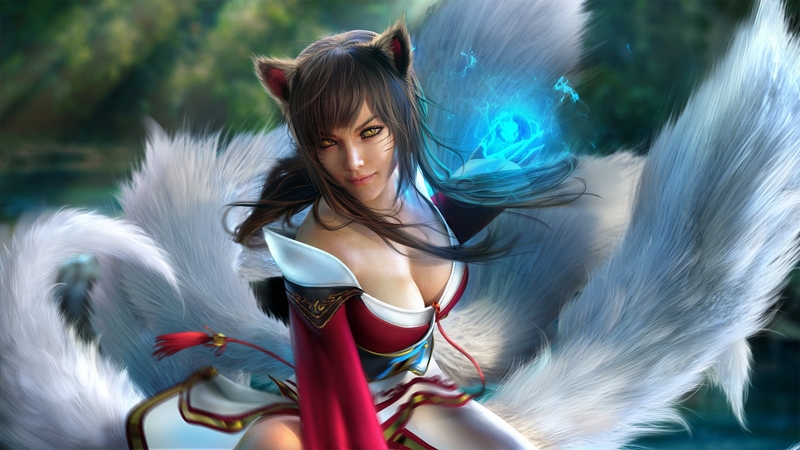 white, ahri, blue, red, frumusete, nine tails, luminos, sevenbees, lol, fantasy, fox, girl