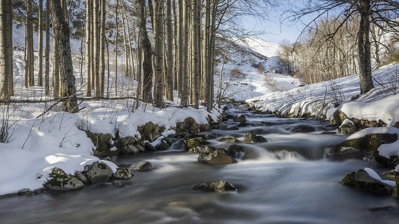 hills, rocks, river, trees, winter