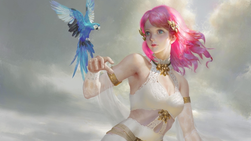 art, frumusete, wings, luna, luminos, pasare, parrot, fantasy, bird, summer, hand, pink, lun ya