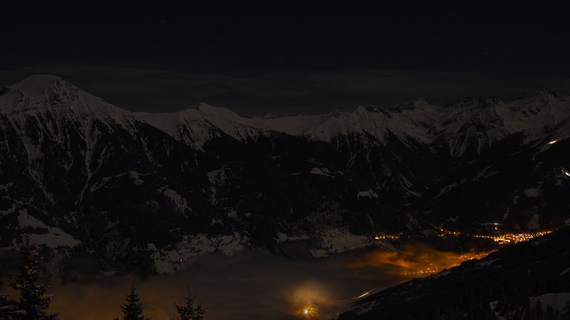 mountains, night, village, light, salzburg, austria, 4k