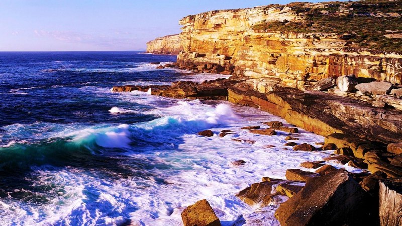rocks, rugged, cliffs, waves, coast, sea