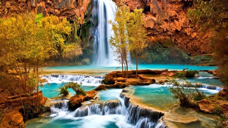 waterfall, trees, autumn, river