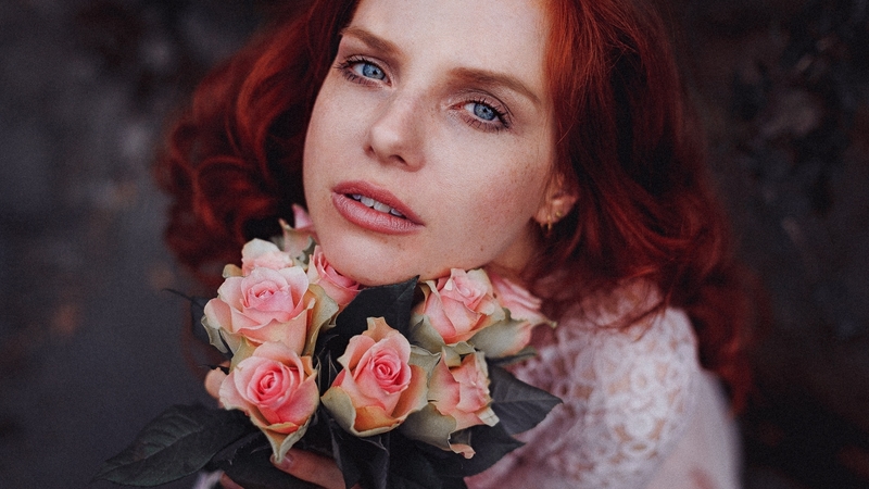 red, look, girl, flowers, roses, red  haired, mood