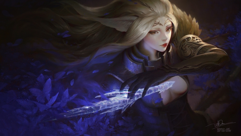 art, dao le trong, fantasy, mothianna, luminos, girl, sword, blue