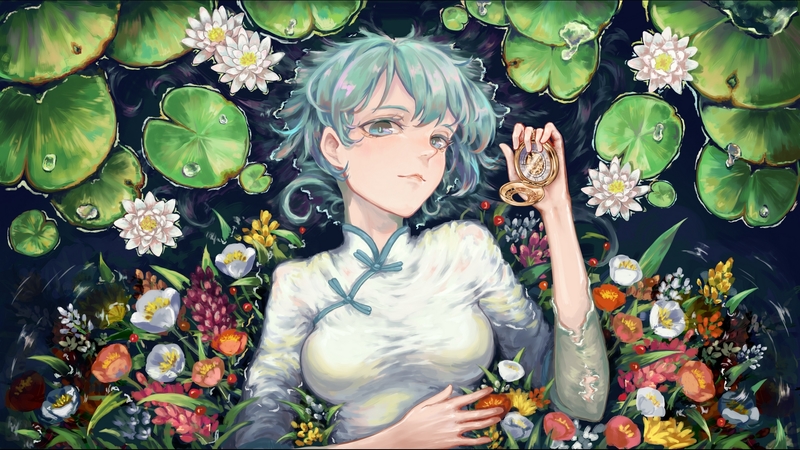 anime, summer, ophelia, flower, lake, lotus, manga, vara, water, green, girl