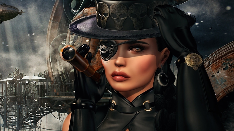 black, steampunk, woman, patch, hat, eye