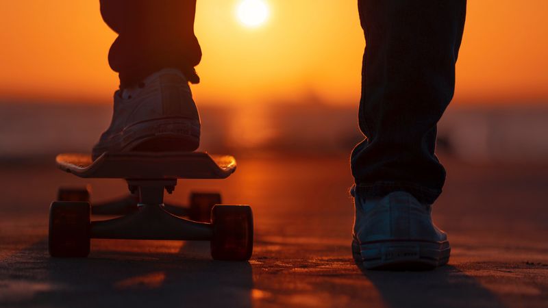 skateboard, legs, sunset, light, 4k