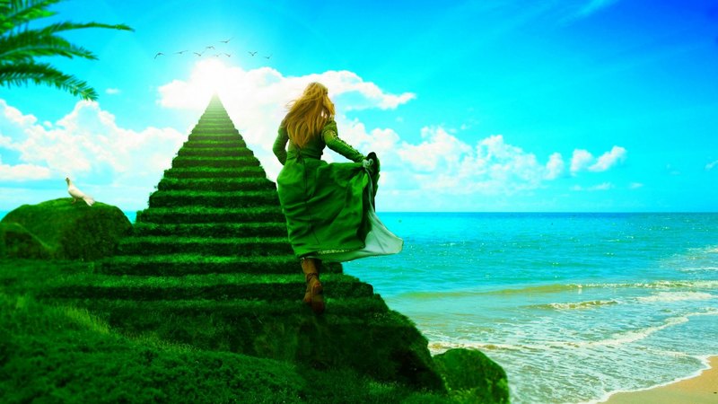 art, stairway, green, girl