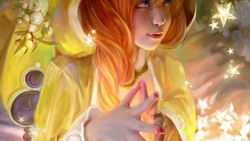 cao yuwen, art, luminos, orange, redhead, yellow, fantasy, girl, hand, star