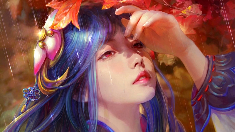cao yuwen, frumusete, autumn, luminos, orange, leaf, fantasy, solar, hand, asian, beauty, rain, face, blue