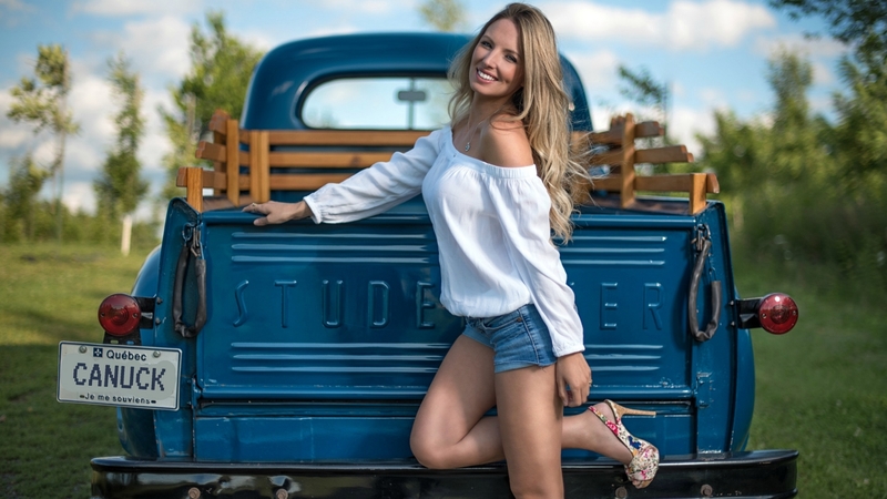 model, shorts, high heels, studebaker, blonde, truck, smile