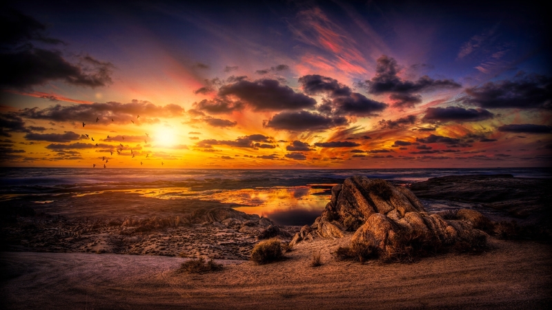 rocks, sun, clouds, sky, coast, sea