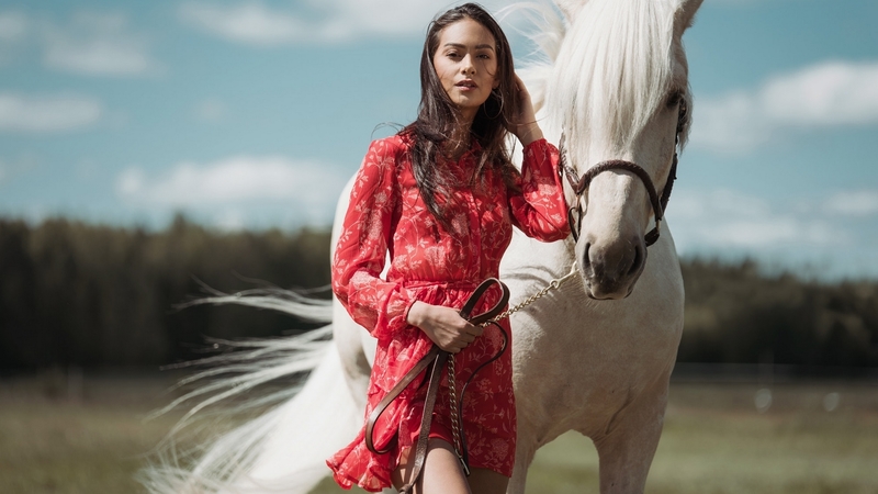 wind, red, dress, girl, model, white, horse, woman