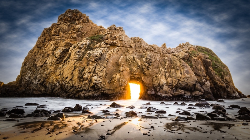rocks, beach, ocean, doorway, nature, sky, sea