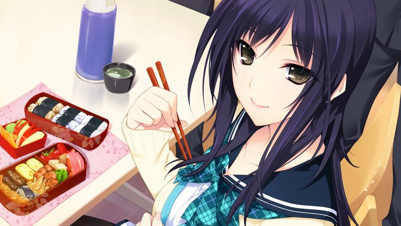 pretty, beautiful, woman, sweet, lunch, anime, beauty, long hair, blue, art, female, lovely, food, black, cute, school, girl, uniform, lady, white