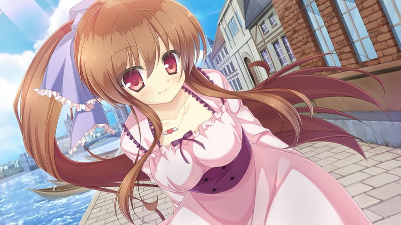 red, dress, hd, brown, background, blush, clouds, hair, anime, hot, pink, light, blue, ribbon, sky, sexy, cute, water, crimson, girl, dark, eyes