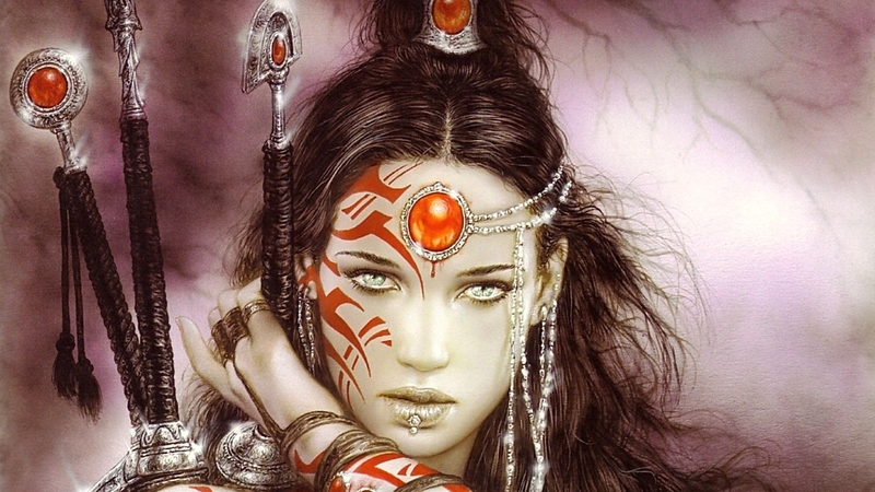 red, art, fantasy, warrior, luminos, girl, luis royo