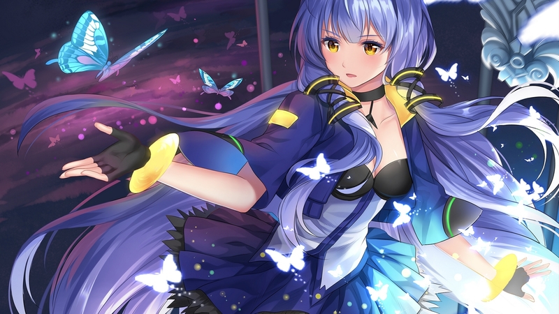pretty, dress, glow, beautiful, sweet, anime, beauty, anime girl, long hair, blue, female, lovely, purple hair, soft, butterflies, cute, girl, purple, lady