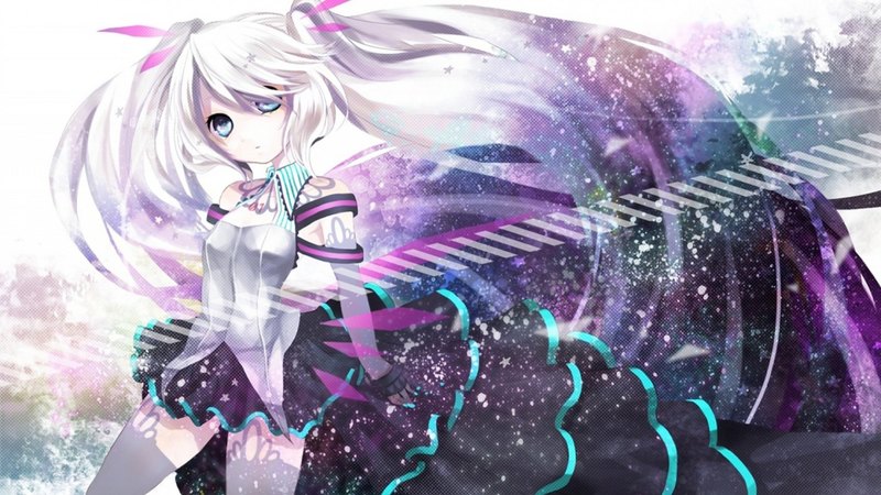 vocaloid, dress, pop idol, cute girl, hatsune miku, white hair, pretty girl, dark wing dress, ribbons, hair band, twin tails, cute, anime, blue eyes, long hair