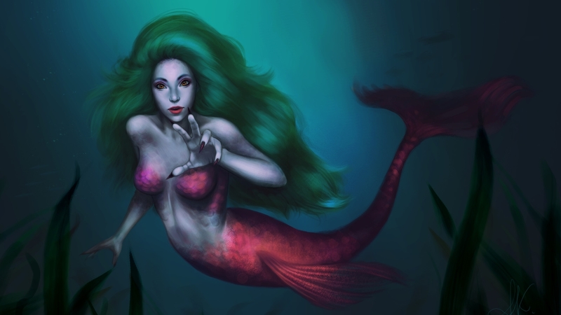 red, art, luminos, alina kelm, mermaid, fantasy, girl, hand, blue