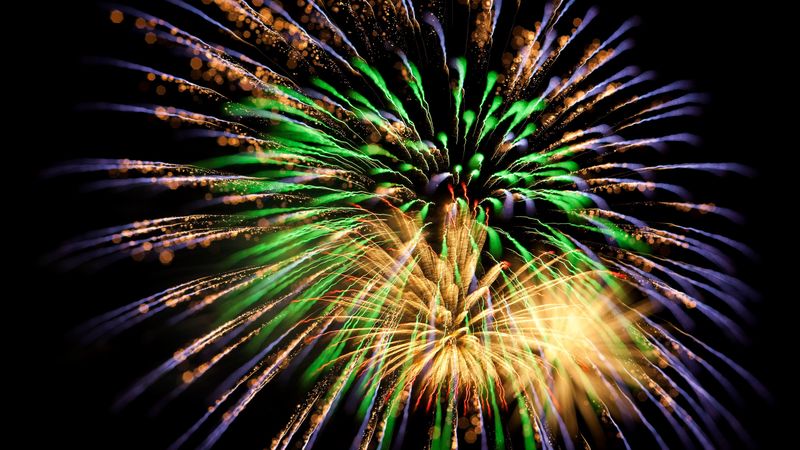 salute, fireworks, sparks, green, 4k