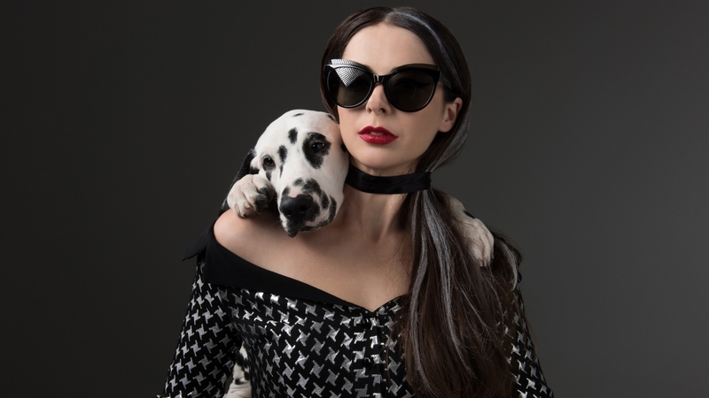 black, marina aleksandrova, dalmatian, white, dog, animal, woman, sunglasses, actress, girl