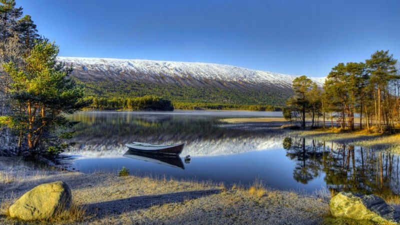 hills, beautiful, trees, snowy, lake, mountain, tranquil, boat, serenity, mirror, norway, landscape