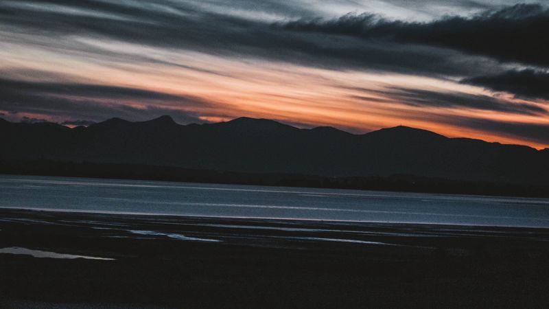 mountains, sunset, sea, dark, 4k
