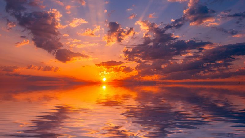 sea, sunset, horizon, sun, reflection, clouds, 4k