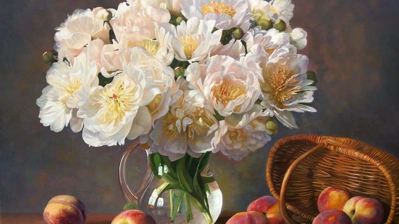 peach, white, zbigniew kopania, art, peony, still life, fruit, basket, flower, painting, pictura