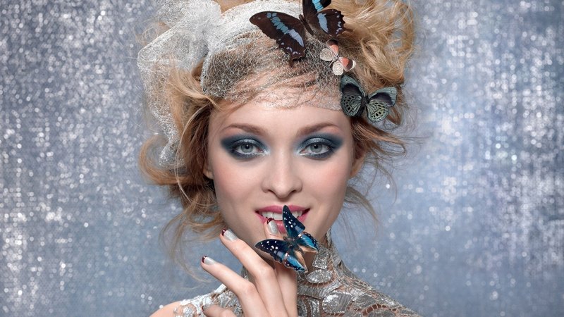 make up, girl, blonde, smile, butterflies, eye shadow