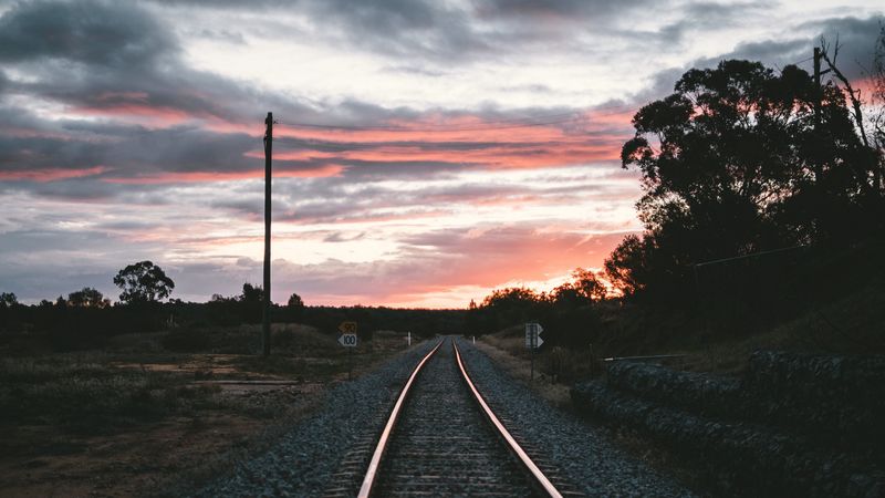 railroad, rails, sunset, pebbles, turn, 4k
