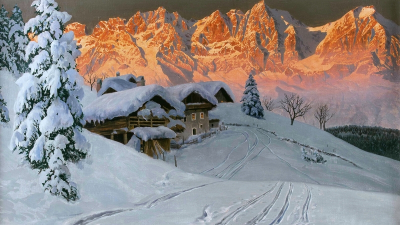 snow, cabins, art, mountains, painting, peaks