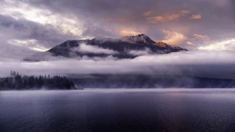 mountains, lake, fog, clouds, peaks, queenstown, new zealand, 4k