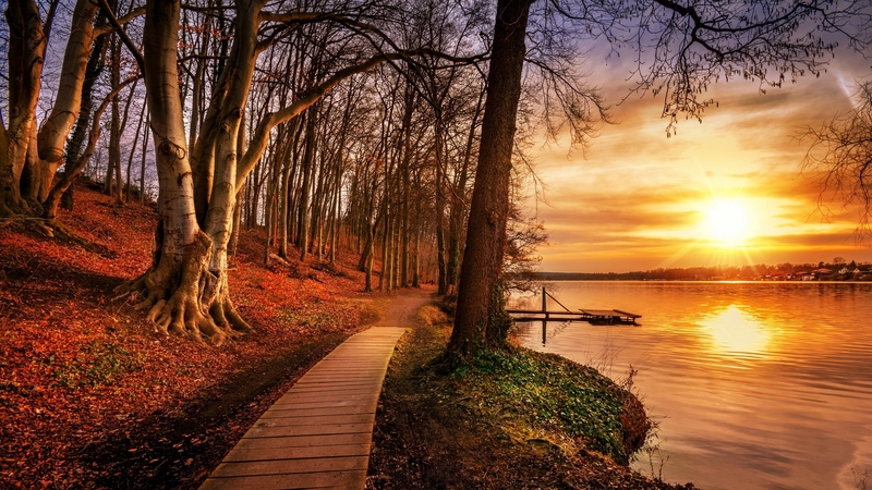 fall, autumn, beautiful, river, sunset, reflection, foliage, lake, pier