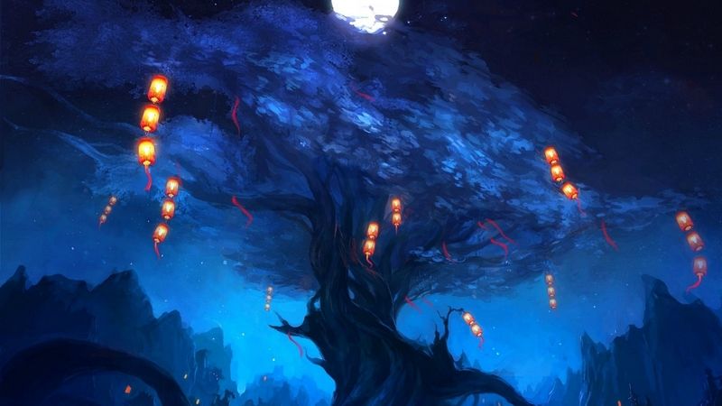 lantern, luna, luminos, tree, fantasy, moon, light, blue, night