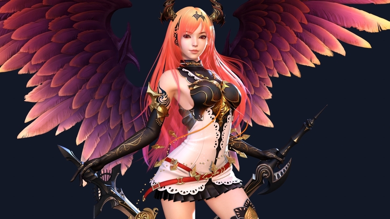 fantasy, wings, girl, shin jeongho, angel, pink, horns