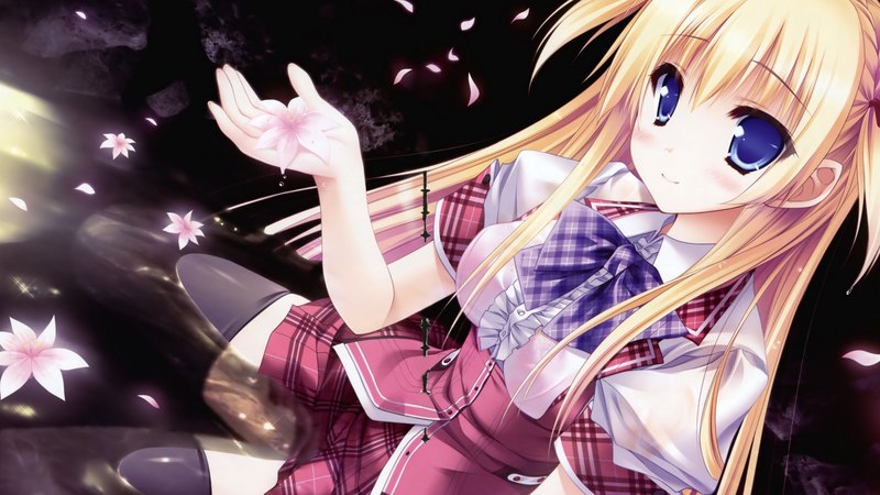 original, cute girl, hanairo heptagram, blonde hair, school girl, cherry petals, water, uniform, anime, flowers, sitting, anime girl, blue eyes