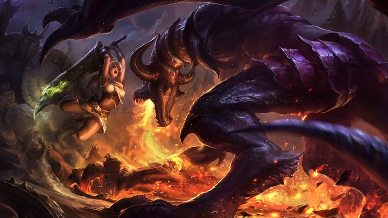 cg, game, lol, dragon, fire, fantasy, warrior, girl, sword