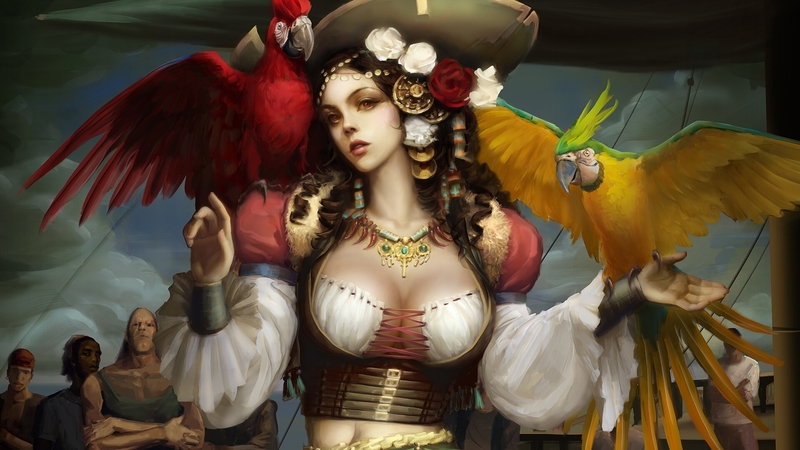 colorful, wings, gipsy, yellow, doomwood digital media, parrot, hat, pirate, fantasy, bird, girl, feather, papagal, blue