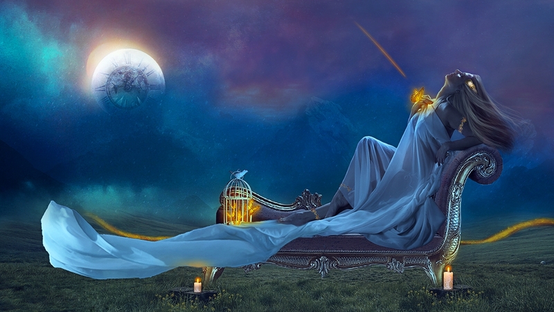 fantasy, lively, moon, fantasy girl, butterfly, blues, night, chair, ethereal, cage