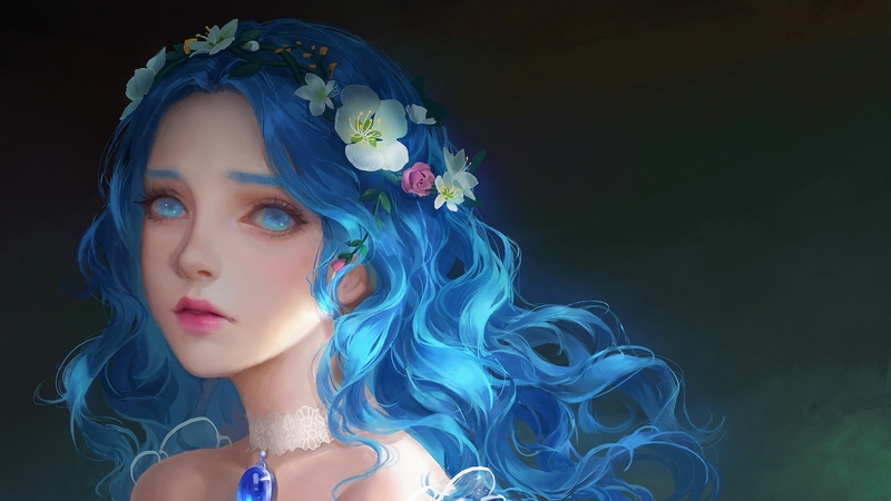flower, face, blue, art, wreath, frumusete, luminos, pendant, hair, fantasy, girl, zhong ya, jewel